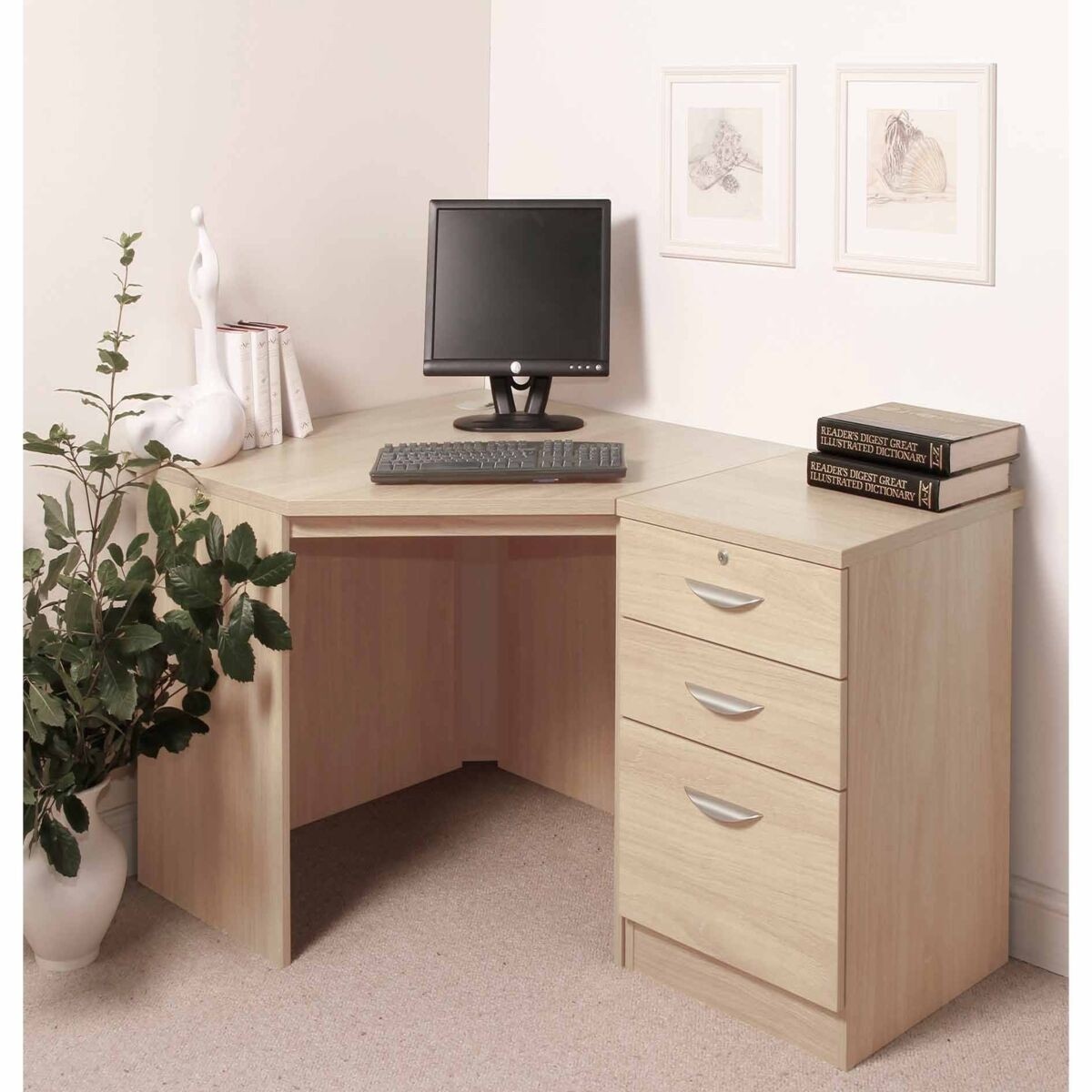 R white home office corner desk with three drawers 1