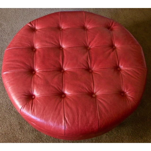 Red tufted round leather ottoman chairish 2