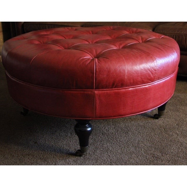 Red tufted round leather ottoman chairish