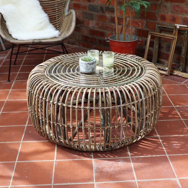 Round rattan coffee table with glass top melody maison r