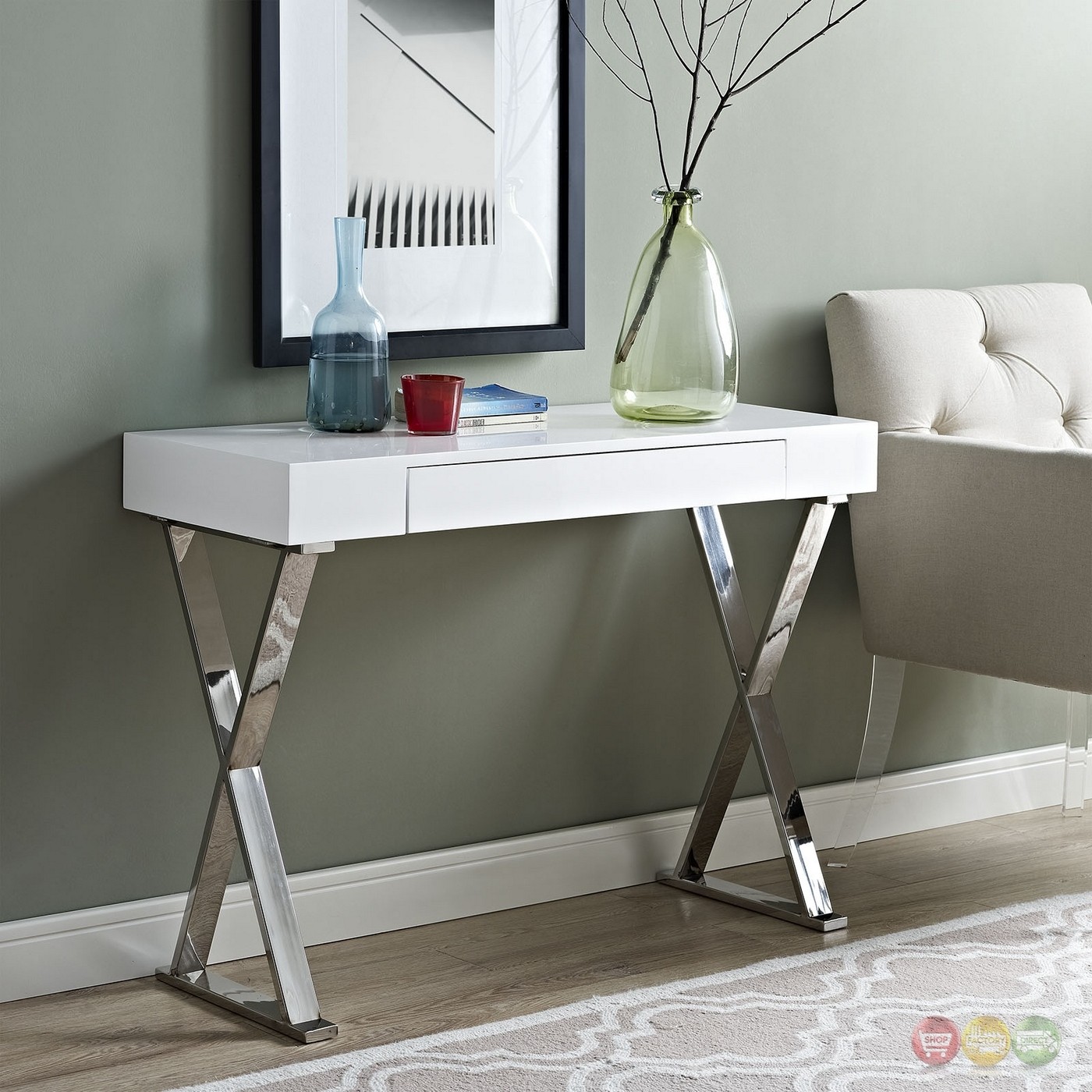 Sector modernistic console table with high gloss top