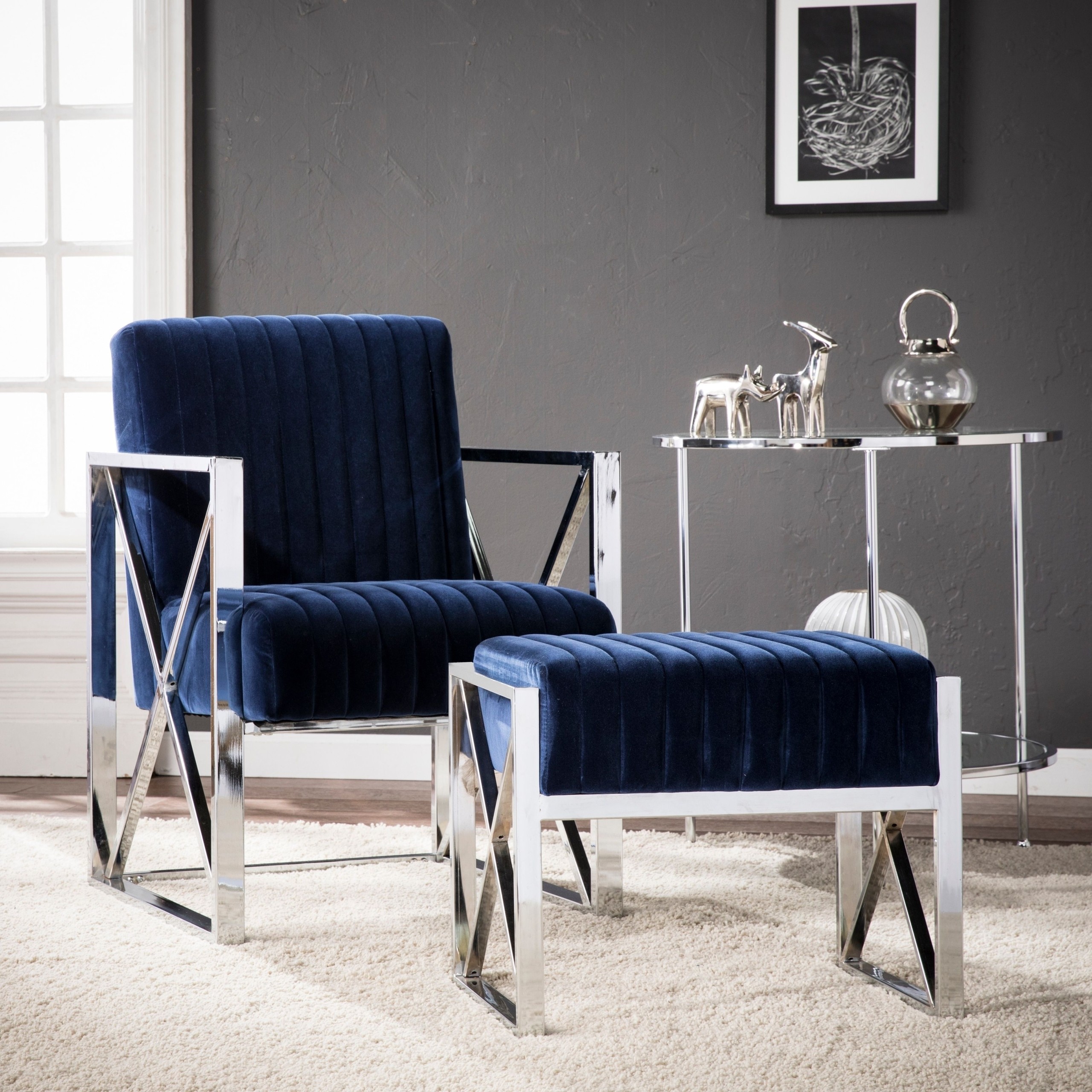 Silver orchid brent blue velveteen armchair with chrome