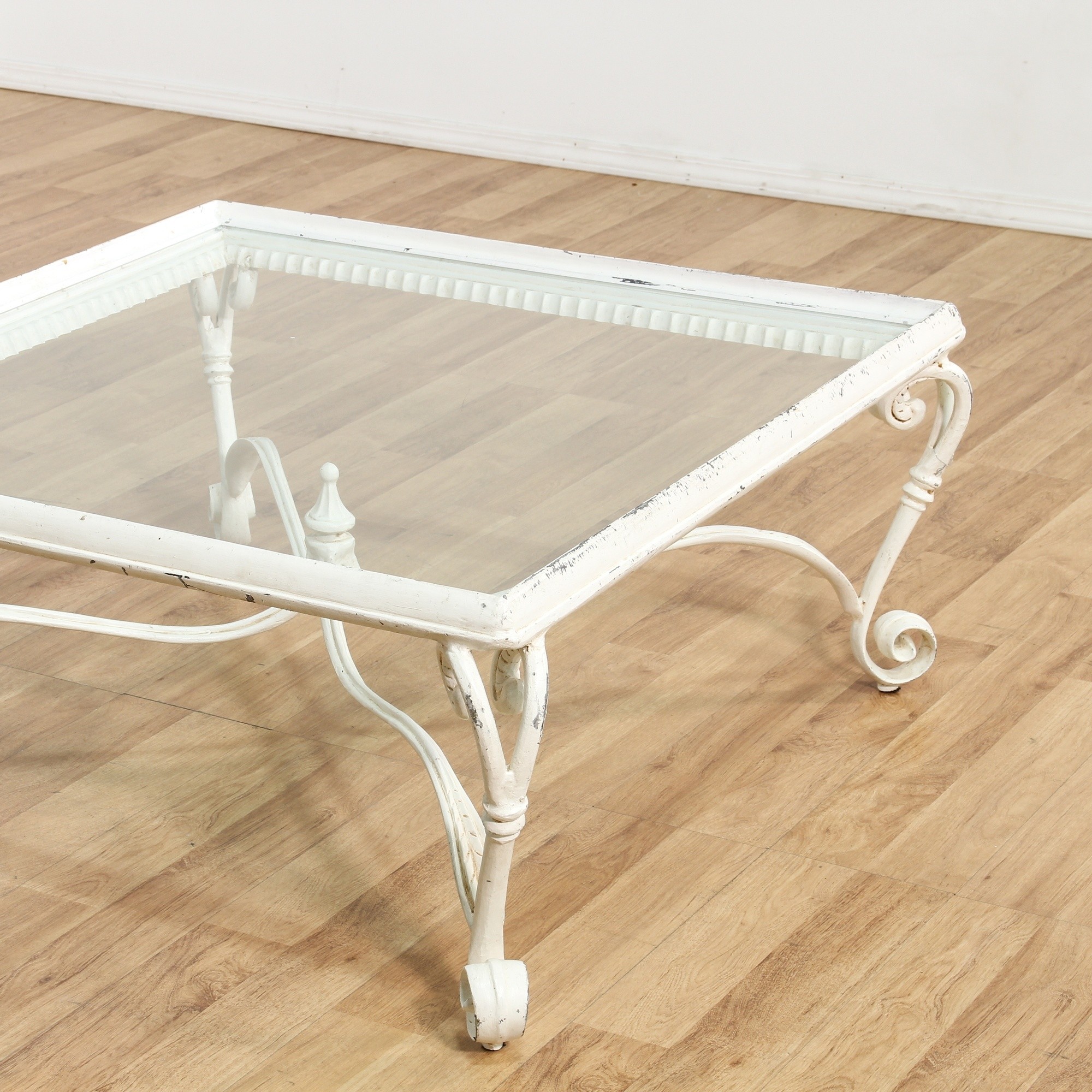 Square shabby chic white glass top coffee table loveseat