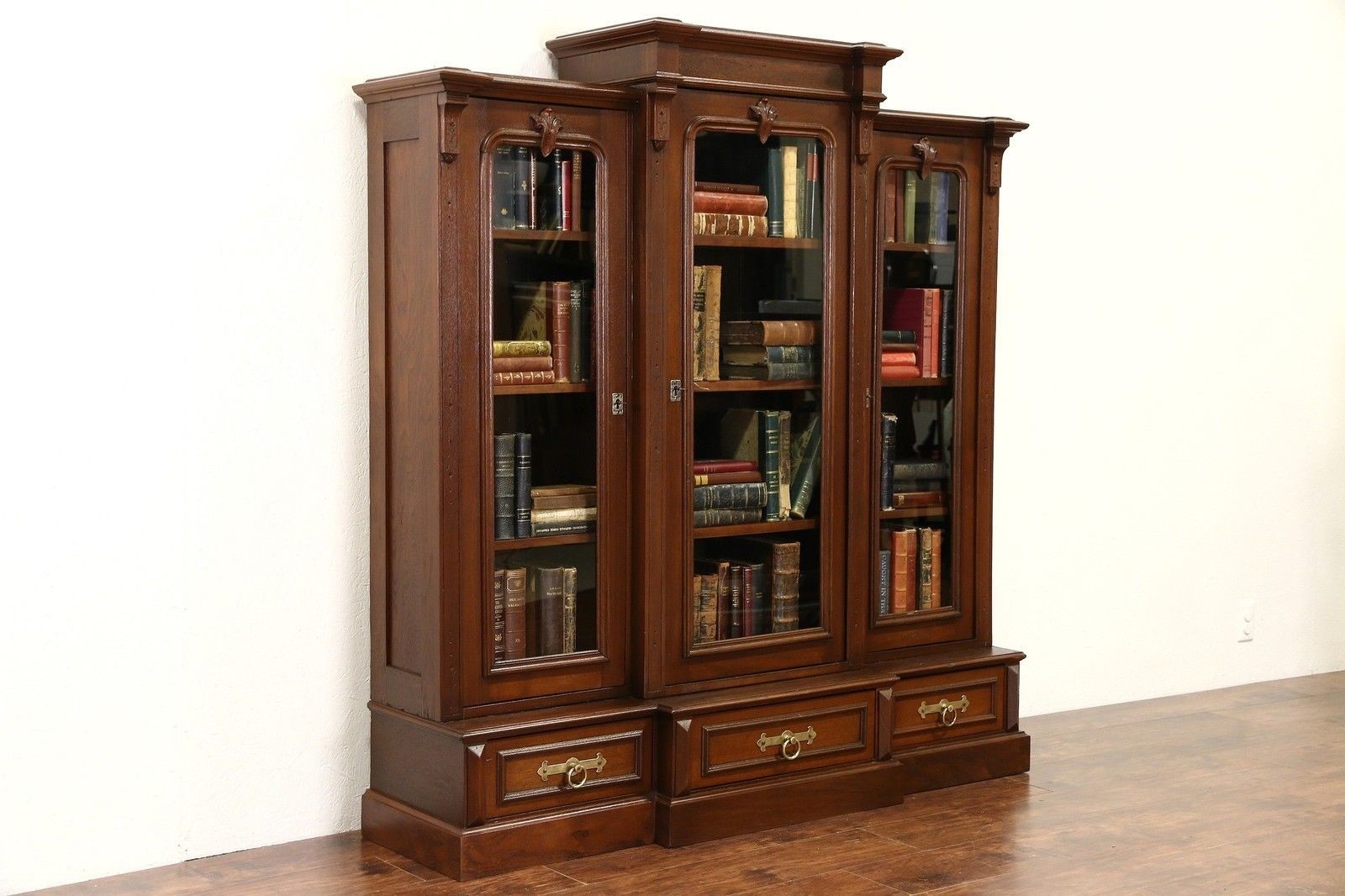 Victorian 1880 antique walnut triple library bookcase