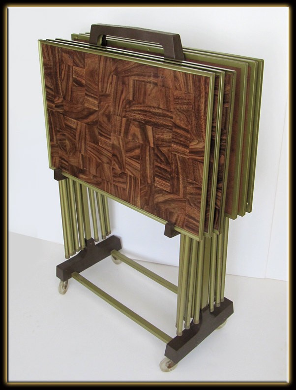 Vintage 60s mid century modern faux wood tv trays set
