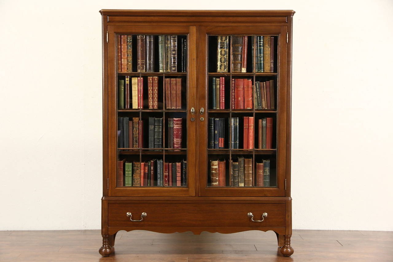 Walnut 1920 antique library bookcase leaded glass doors 1
