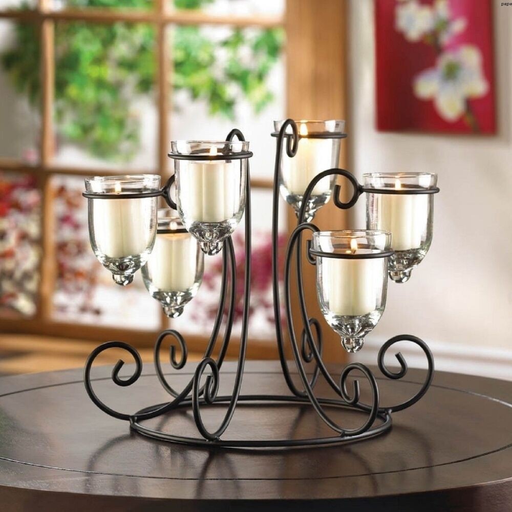 Wrought iron candle display black stand 6 glass cup table