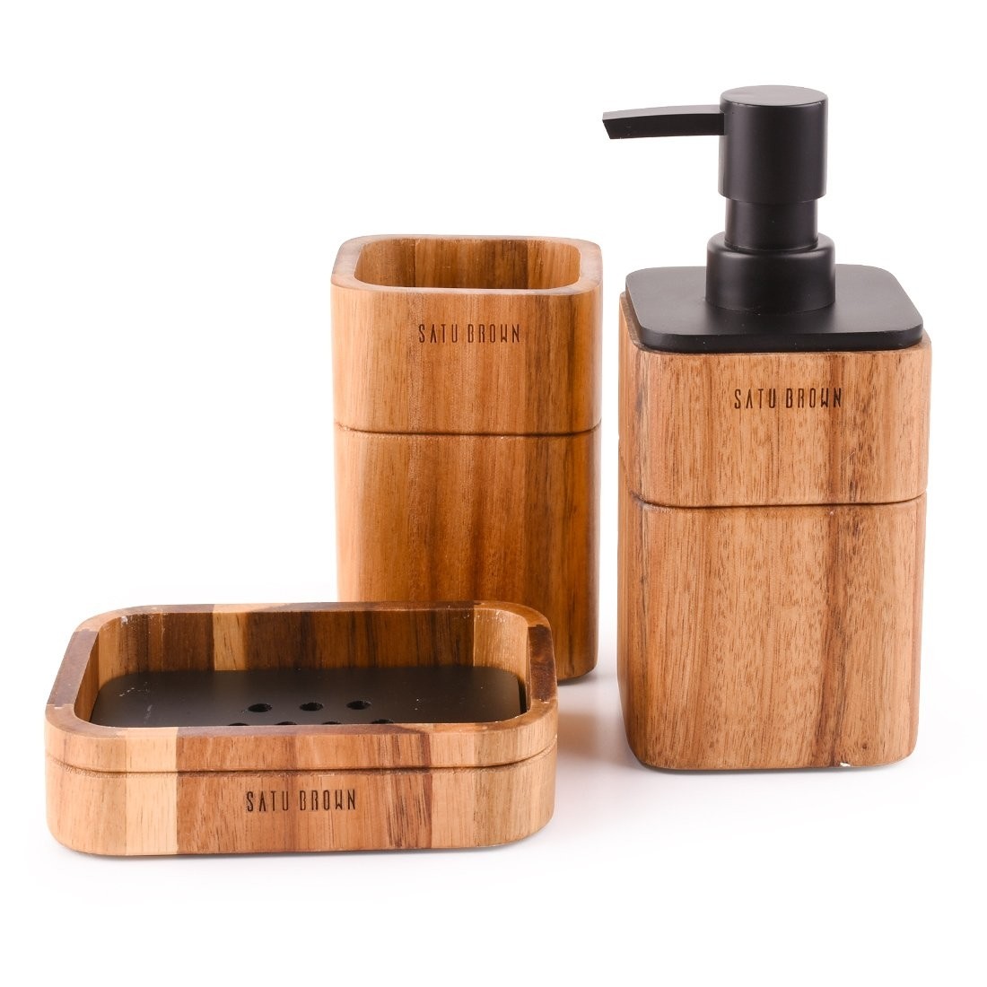 3 pieces acacia wood bathroom accessories set soap