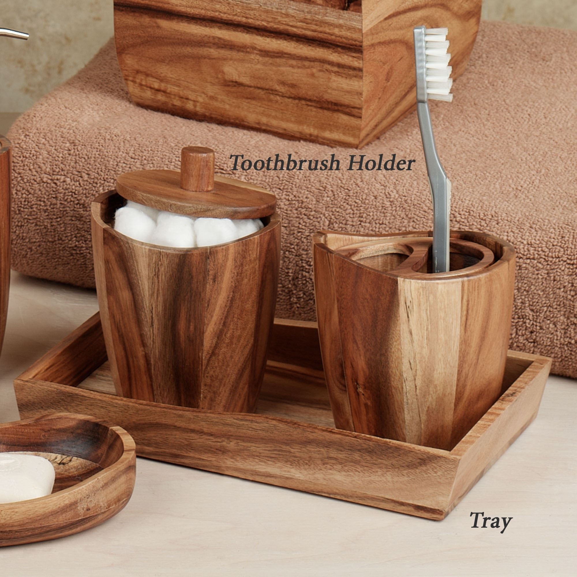 Acacia handcrafted wood bath accessories
