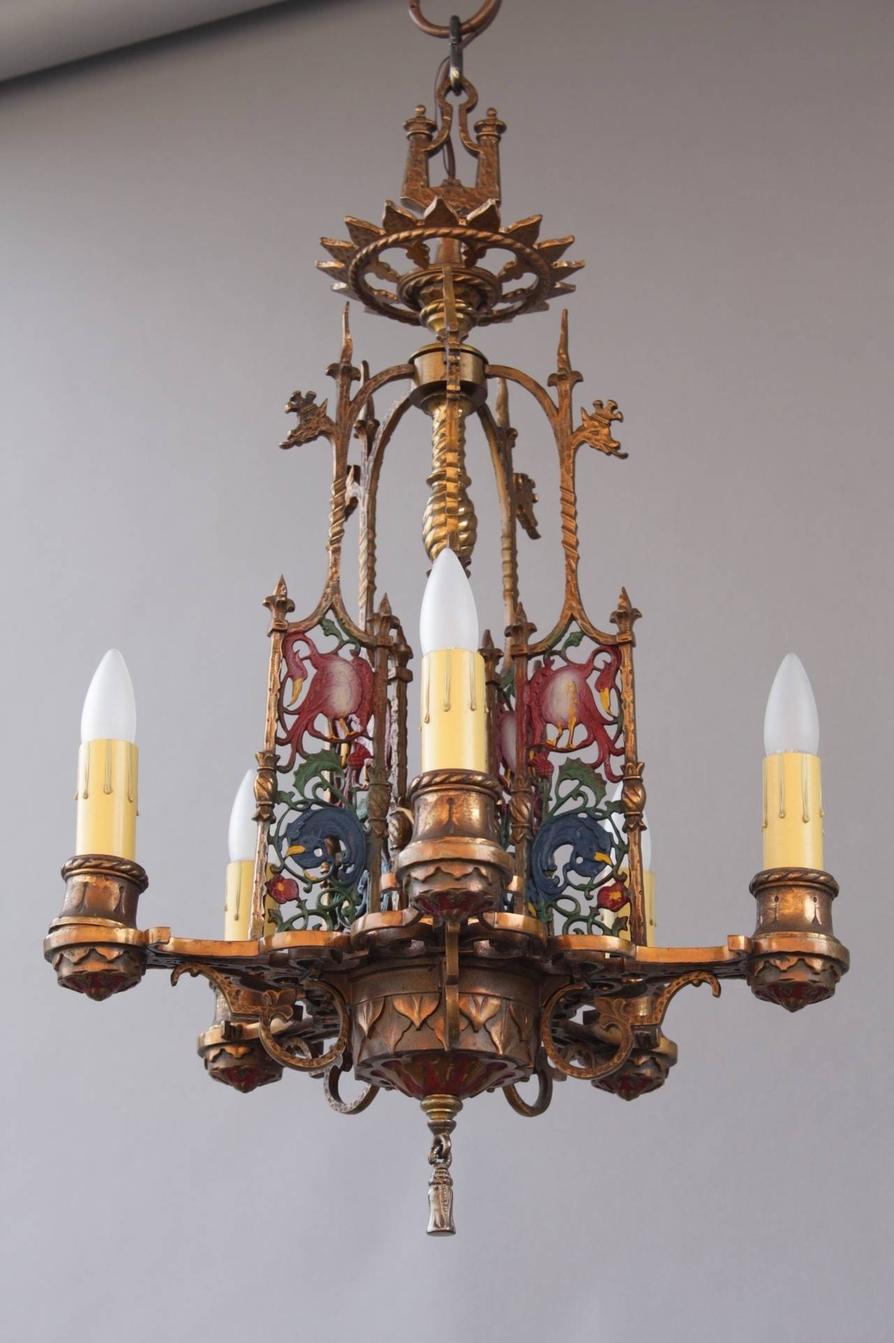 Antique 1920s polychrome chandelier with bird motif at 1stdibs
