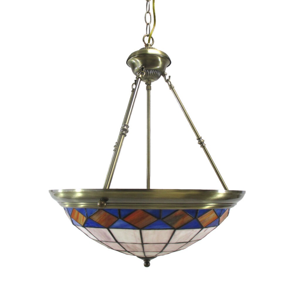 Antique brass and leaded stained glass chandelier pendant