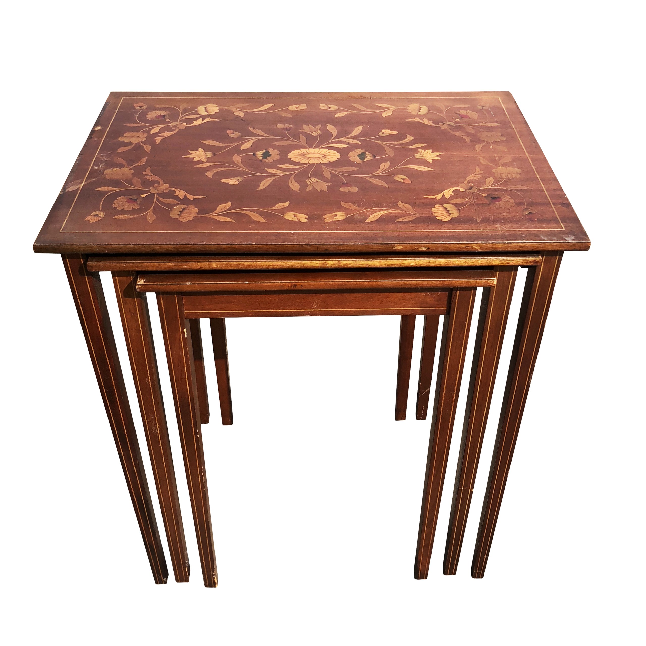 Antique inlaid walnut french motif nesting tables by flint