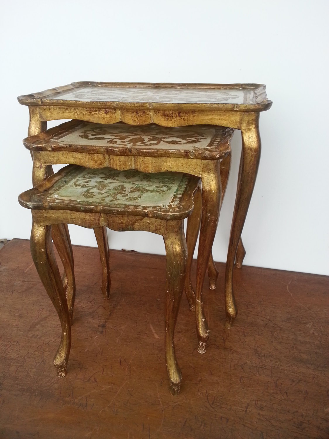Authentic 1920 italian wood florentine nesting tables gold