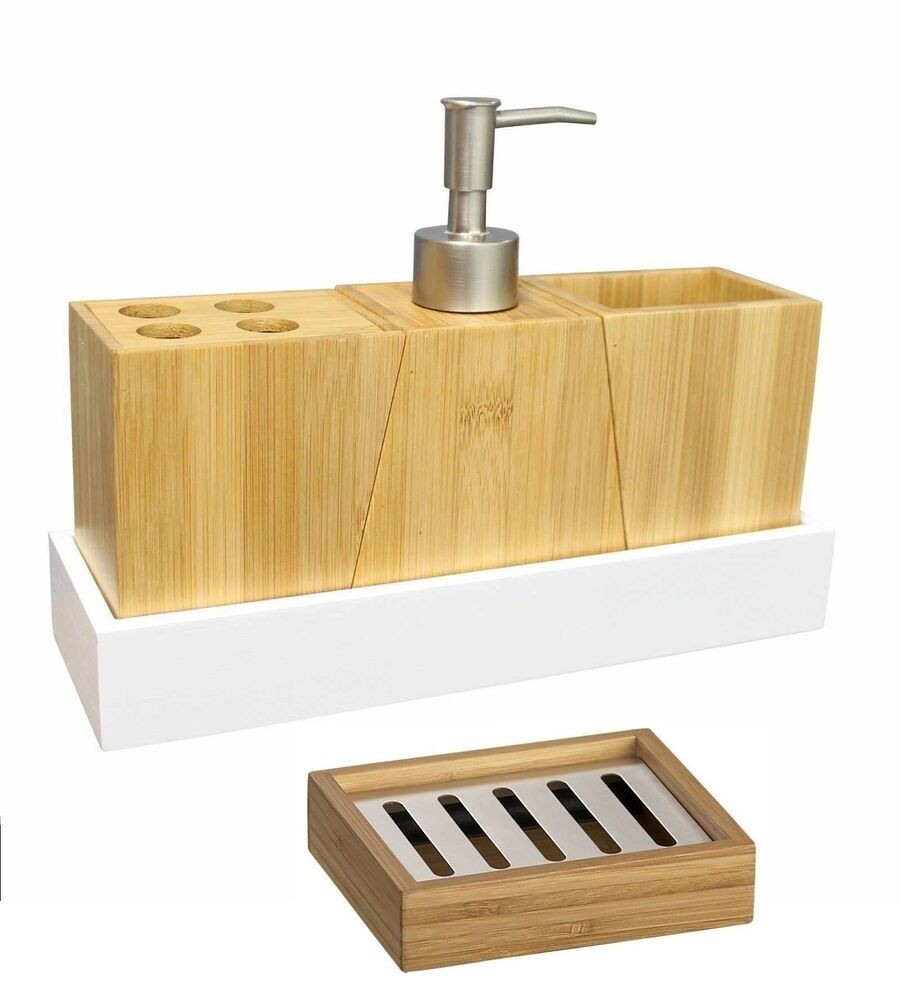 Bathroom accessory set bamboo wood soap dish dispenser