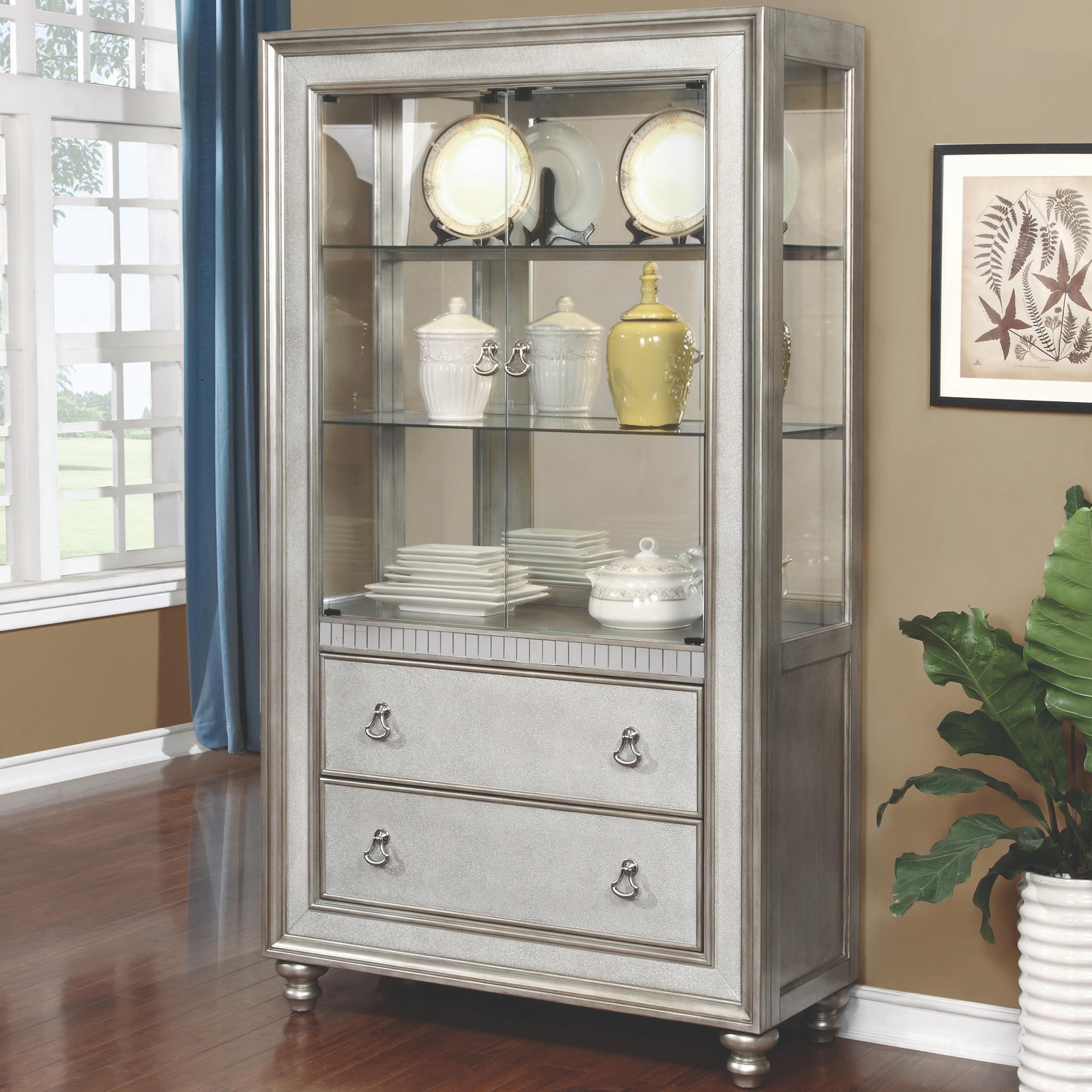 Bling game curio cabinet with 3 shelves and 2 drawers
