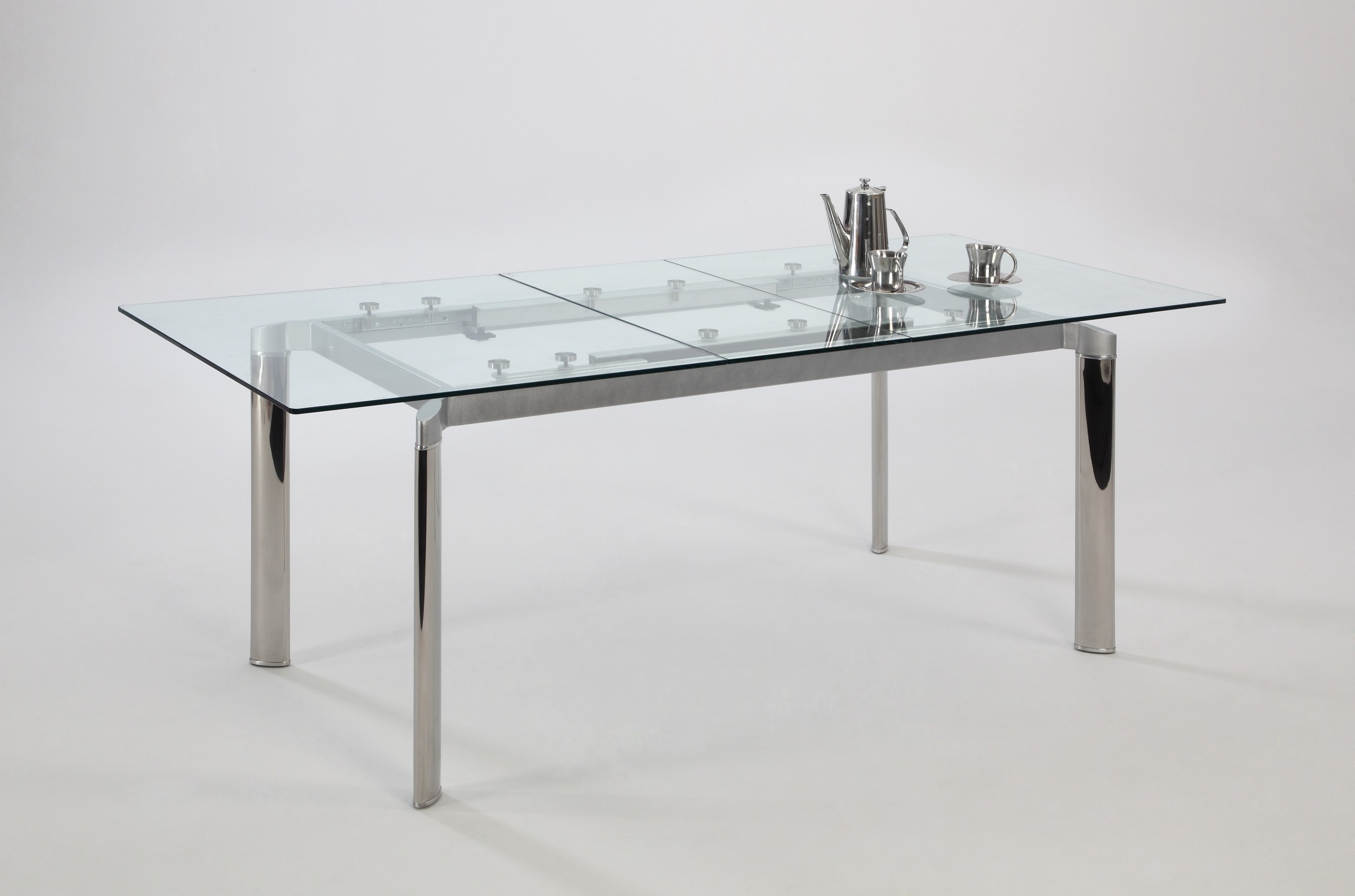 Contemporary clear glass and chrome extendable dining