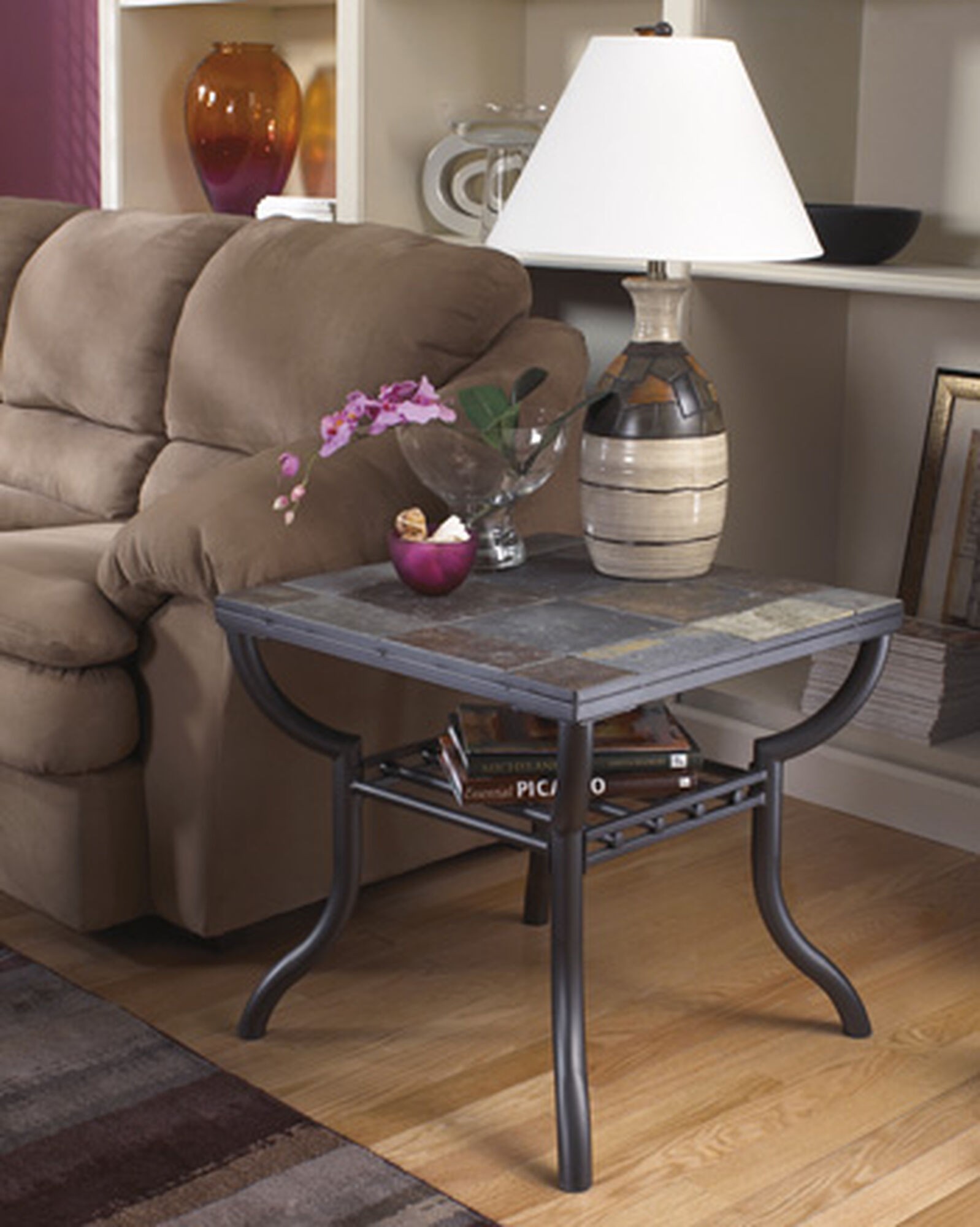 Contemporary slate tile top end table in gunmetal mathis