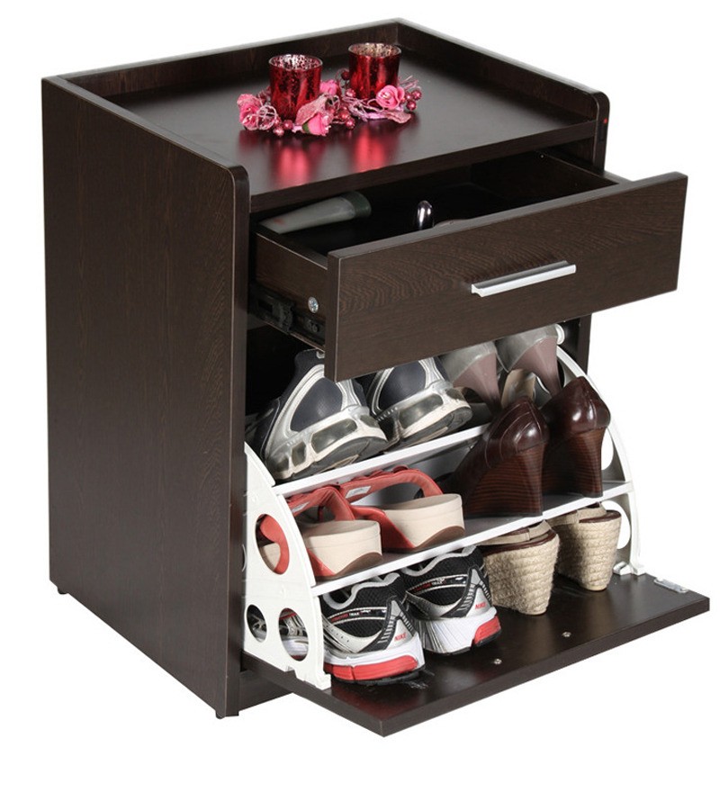 Convertible small shoe rack with drawer in wenge finish by