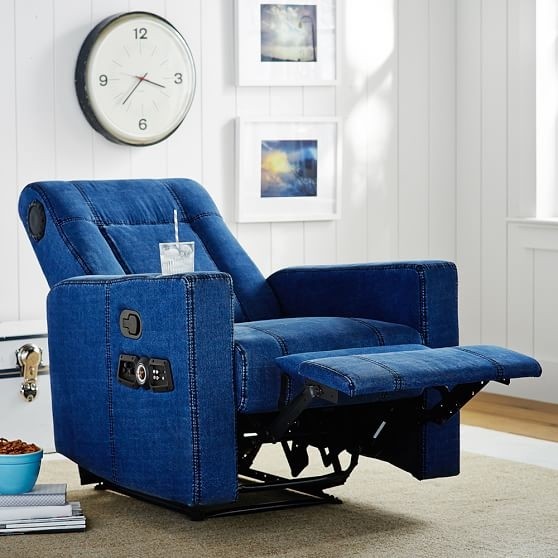 Denim kick back recliner speaker media chair pbteen