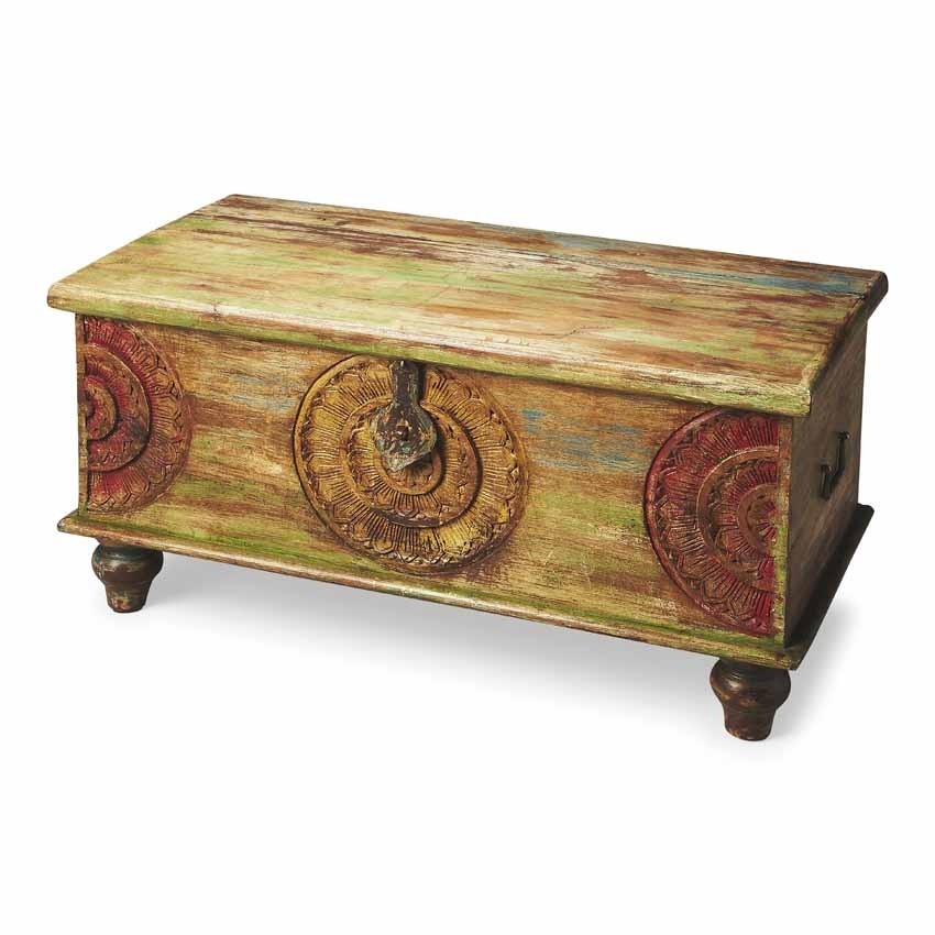 Distressed carved wood trunk coffee table butler 3140290