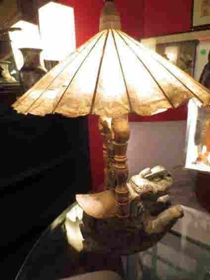 Elephant table lamp with rice paper umbrella shade and