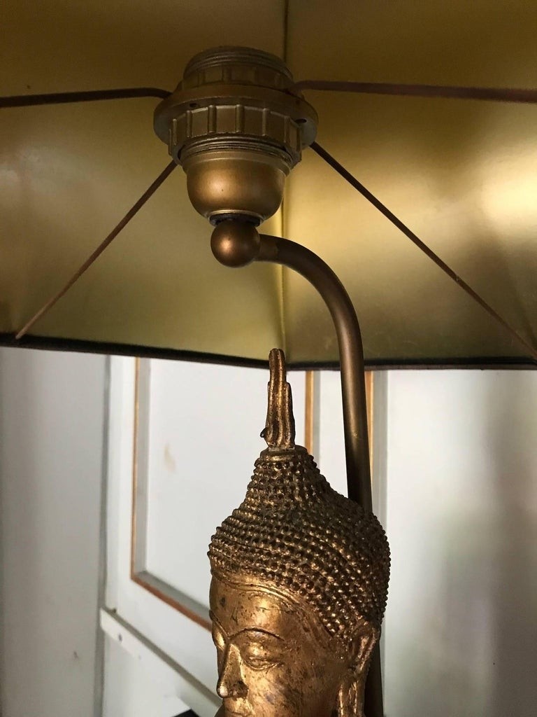 Gilded tall metal french 1970s buddha lamp original shade