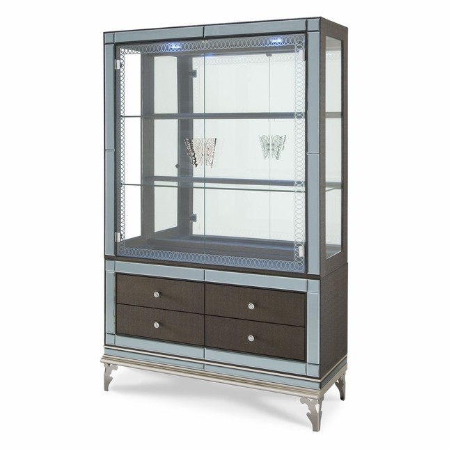 Hollywood swank modern curio cabinet with drawer base in 1