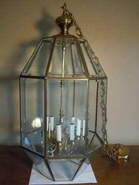 Large brass 8 sided chandelier with beveled glass 8