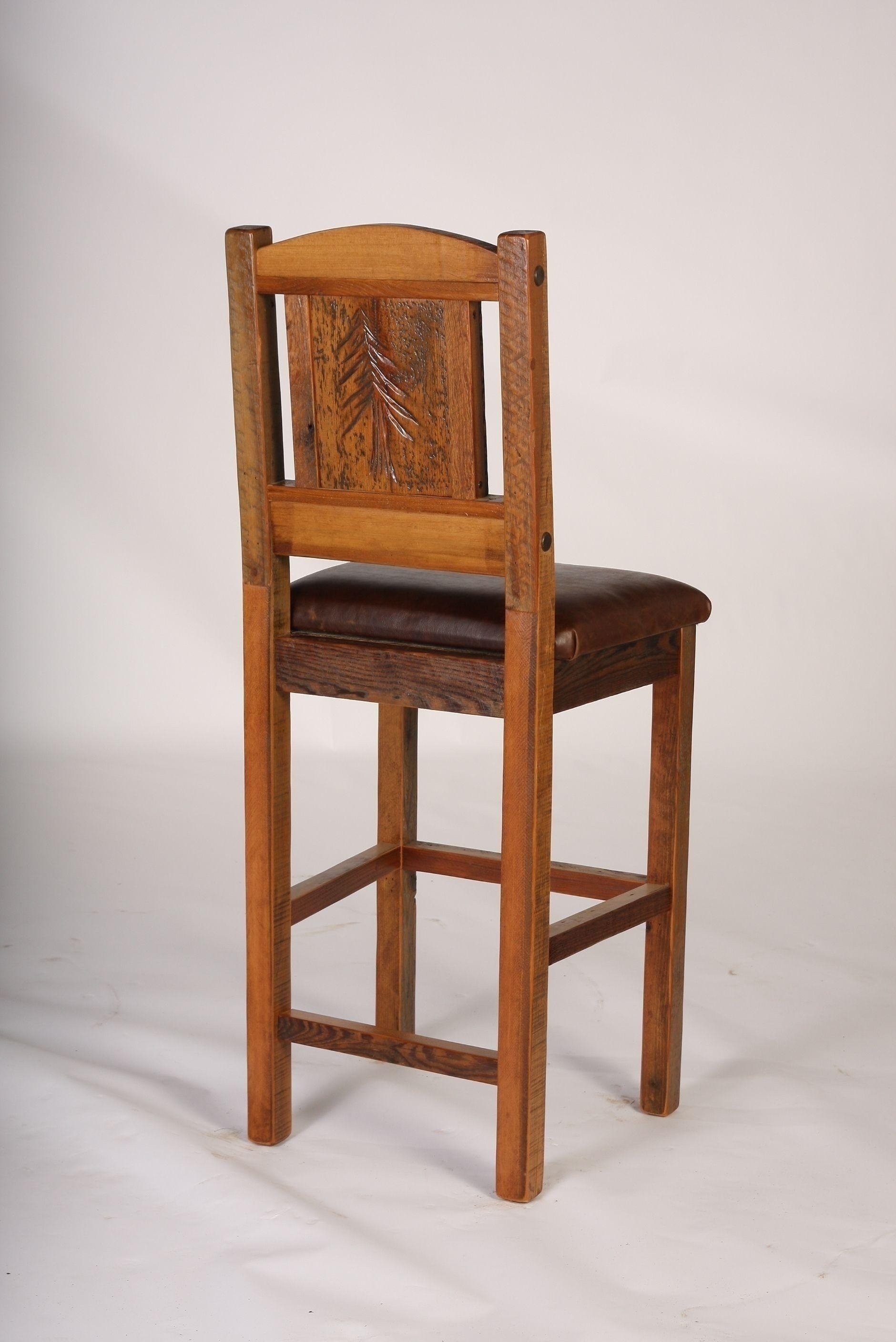 Lodge barnwood bar stool with carved pine tree