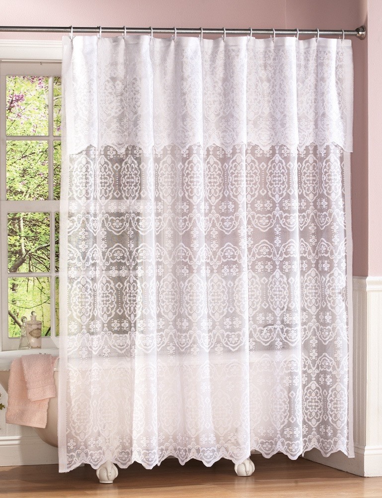 New elegant victorian white lace shower curtain w attached