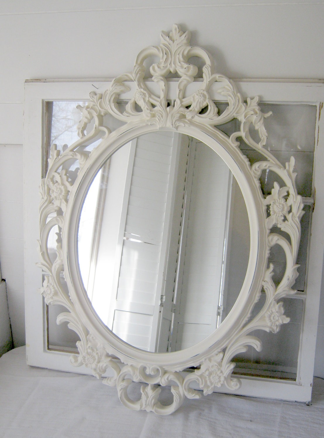 Ornate antique white oval mirror antique white by peacockattic