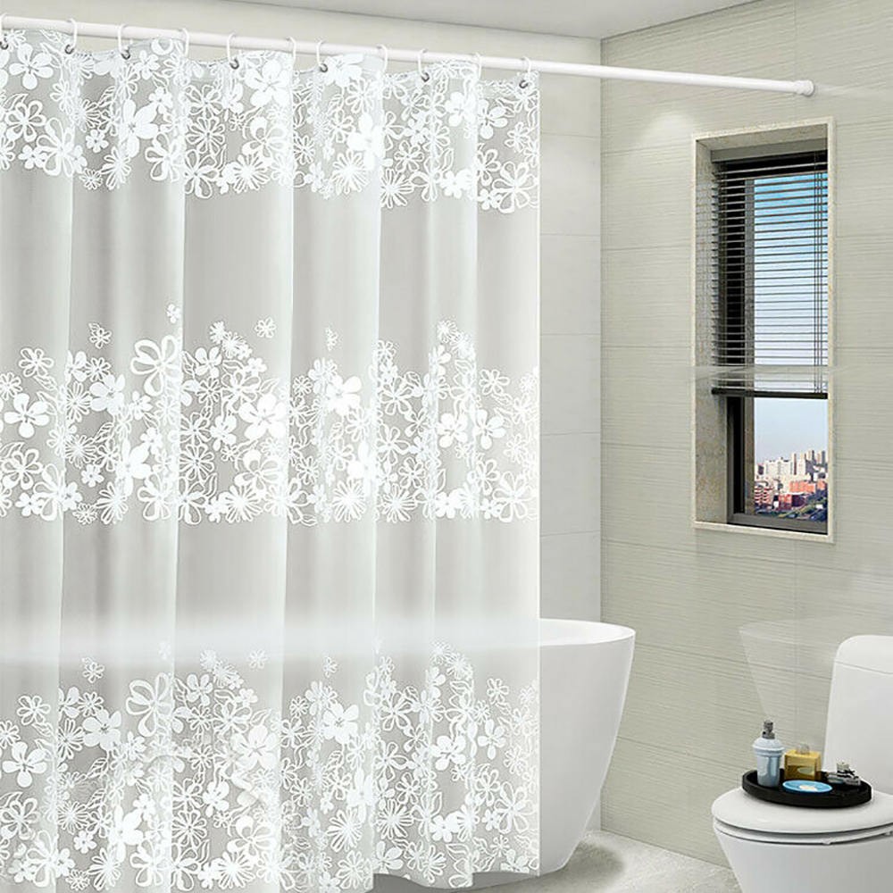 Peva waterproof bathroom shower curtain white floral lace 1