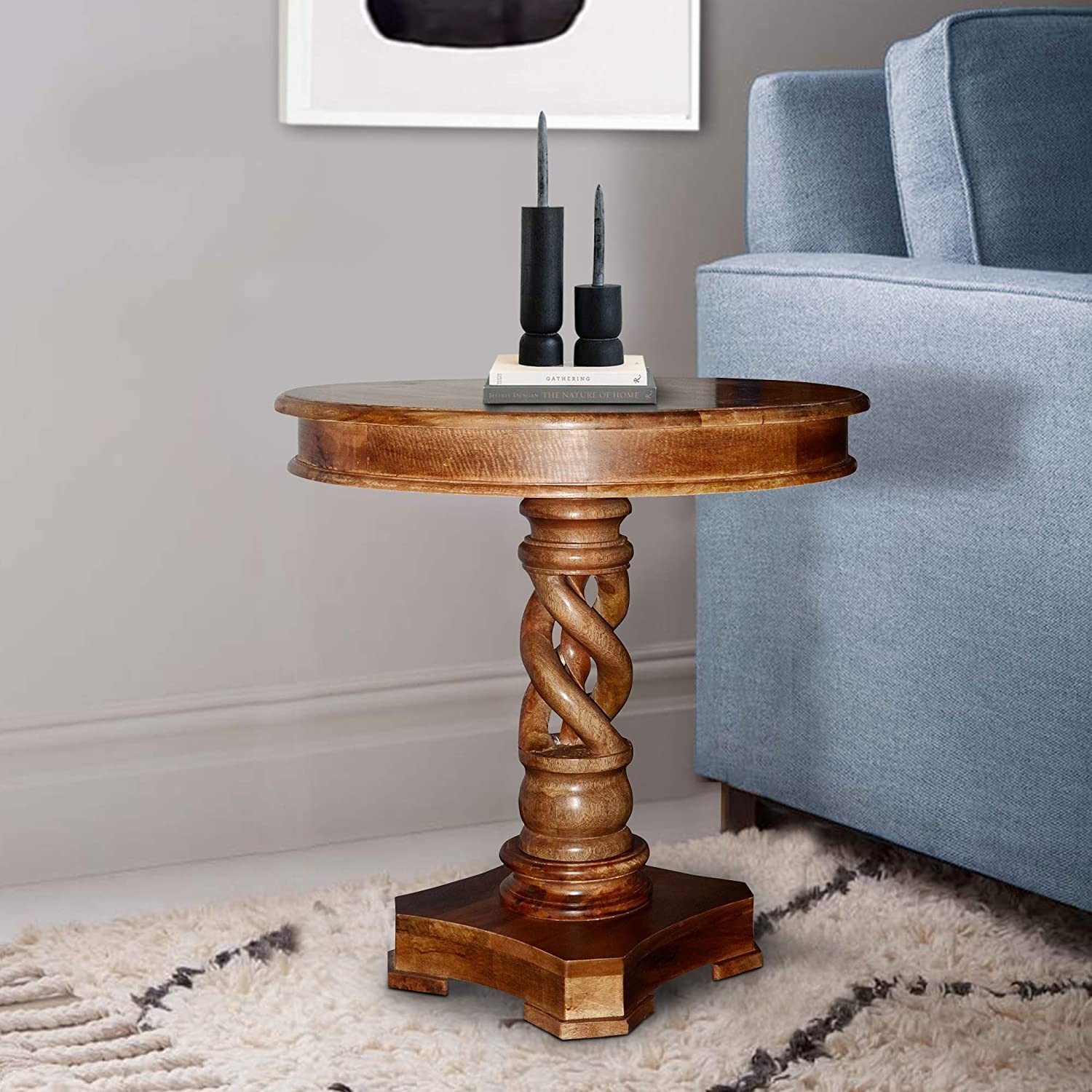 Round wooden pedestal table with twisted base mango wood
