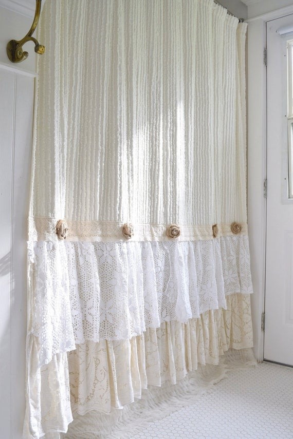 Shabby cottage chic shower curtain cream chenille lace ruffle