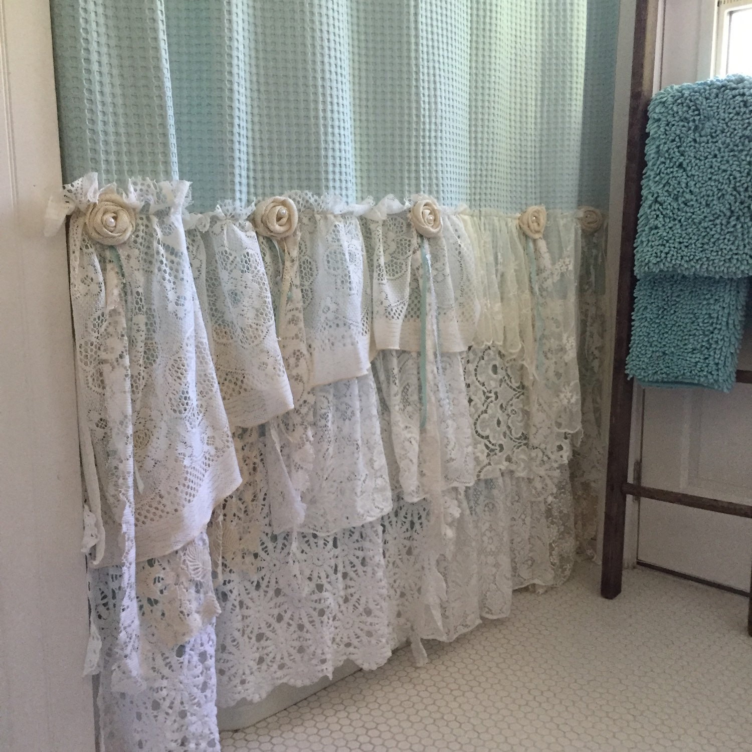 Shabby cottage chic shower curtain grey lace ruffle girls