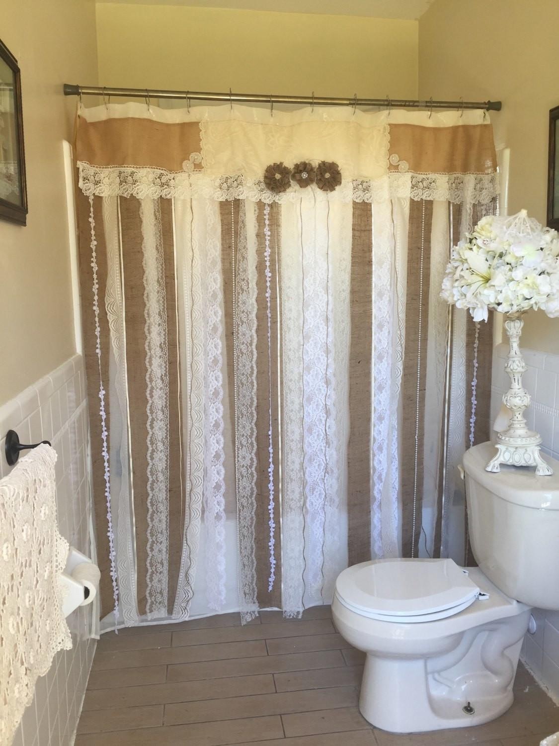 Shabby rustic chic burlap shower curtain lace ruffles