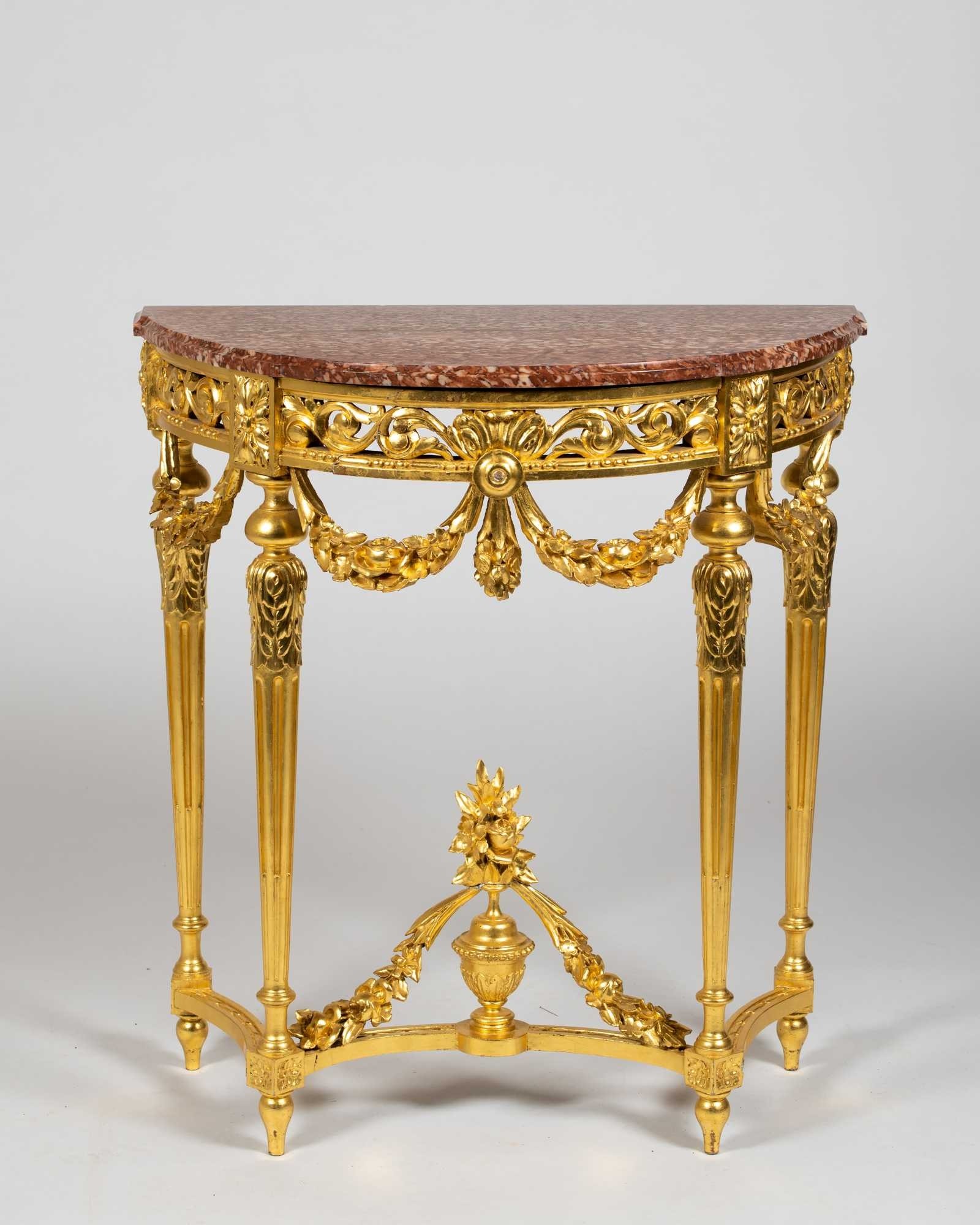 Small french marble top gilded and carved console table 2