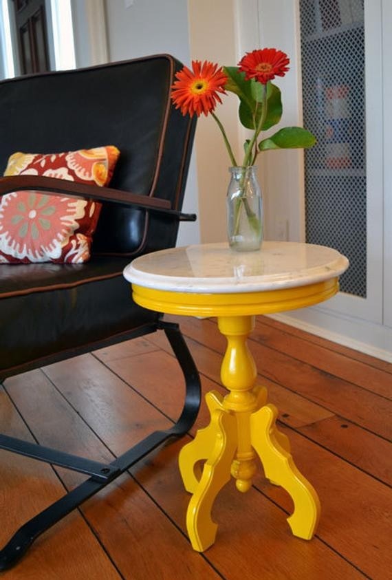 Small painted yellow marble top round side table by dwellbeing