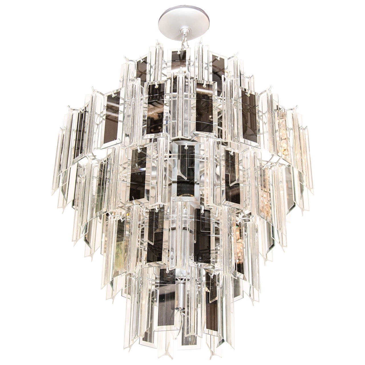Venini style multi tier chandelier with smoked mirrored