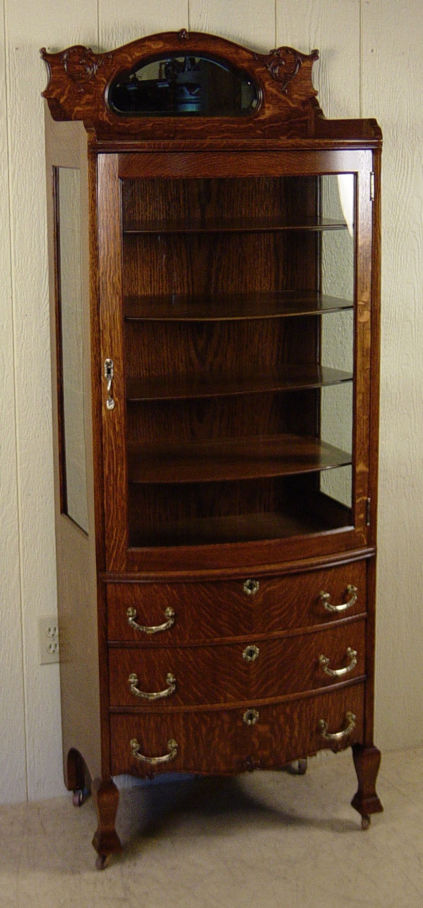 Very rare small oak curio cabinet with 3 drawers 2