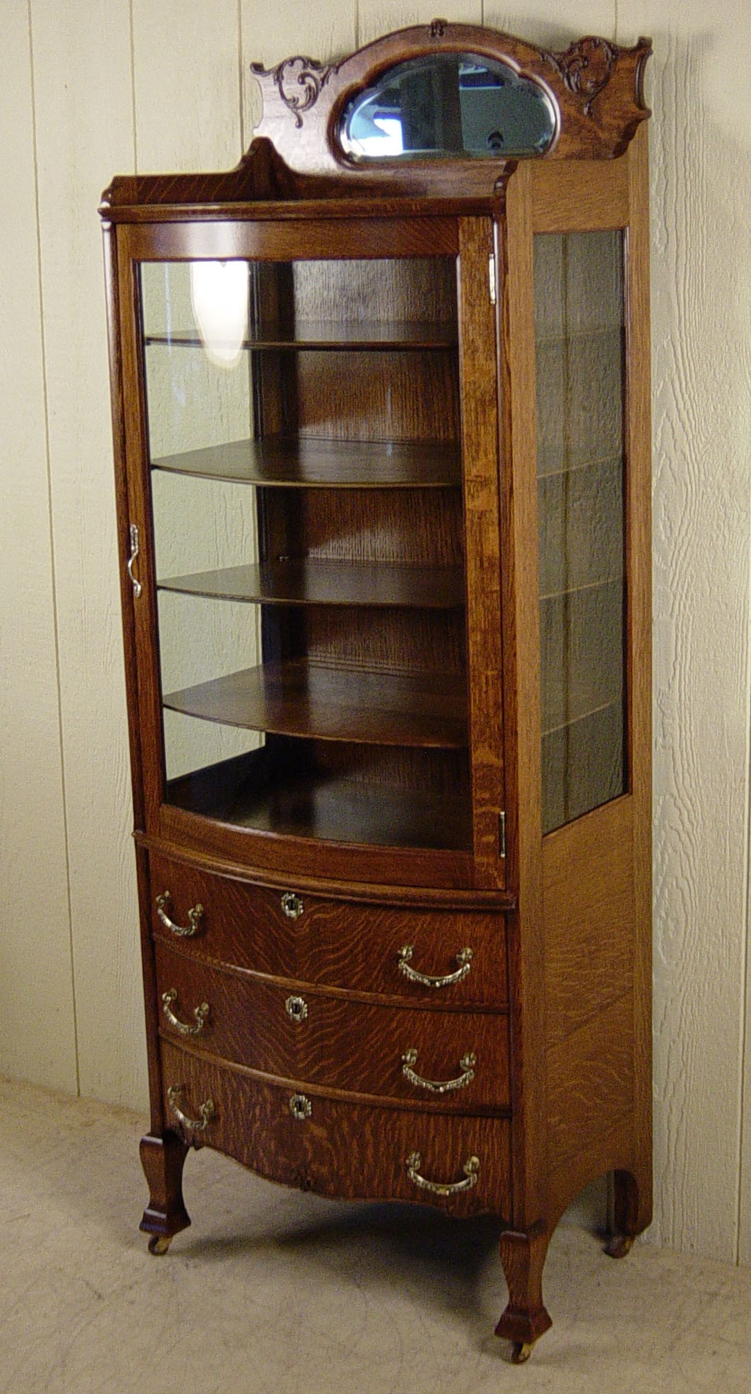 Very rare small oak curio cabinet with 3 drawers