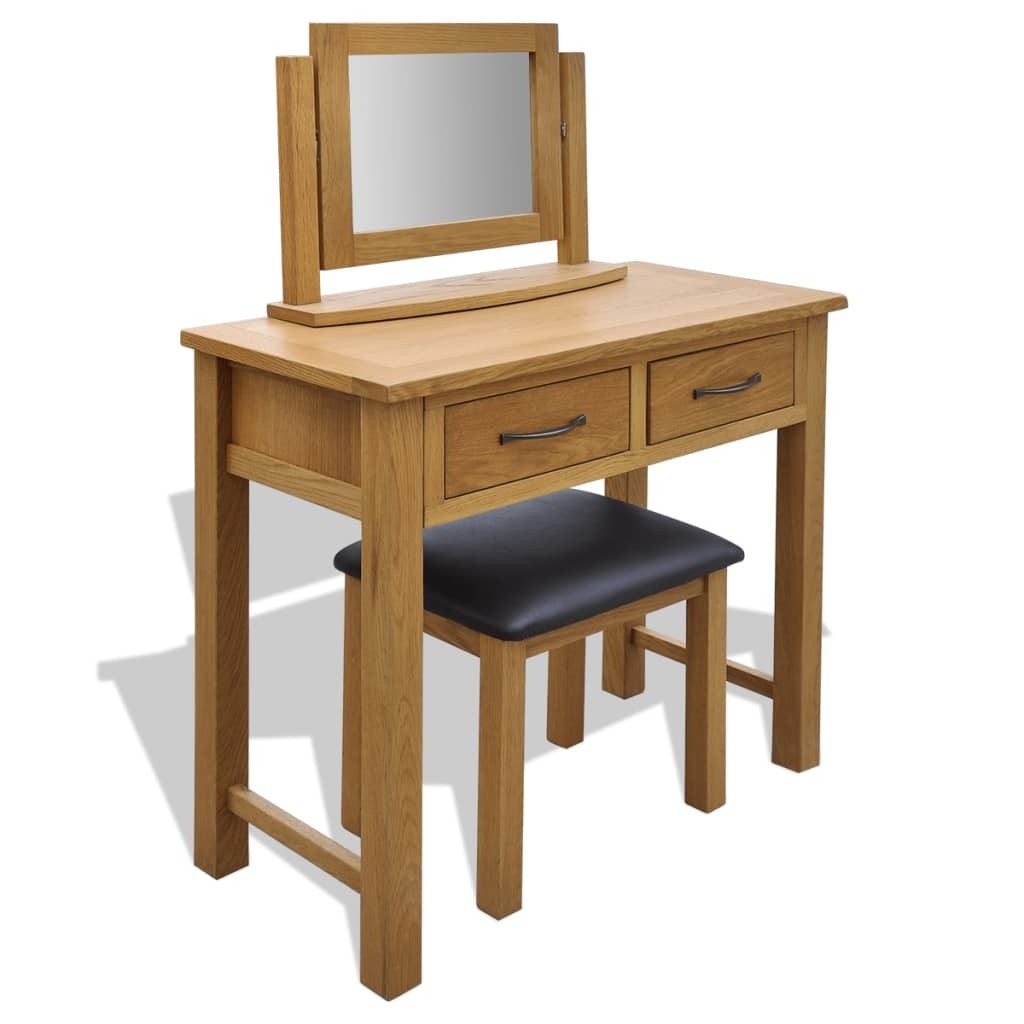Vidaxl solid oak wood dressing table with stool mirror