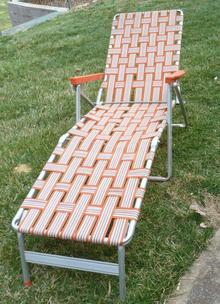Vintage aluminum folding webbed lawn chair chaise lounge