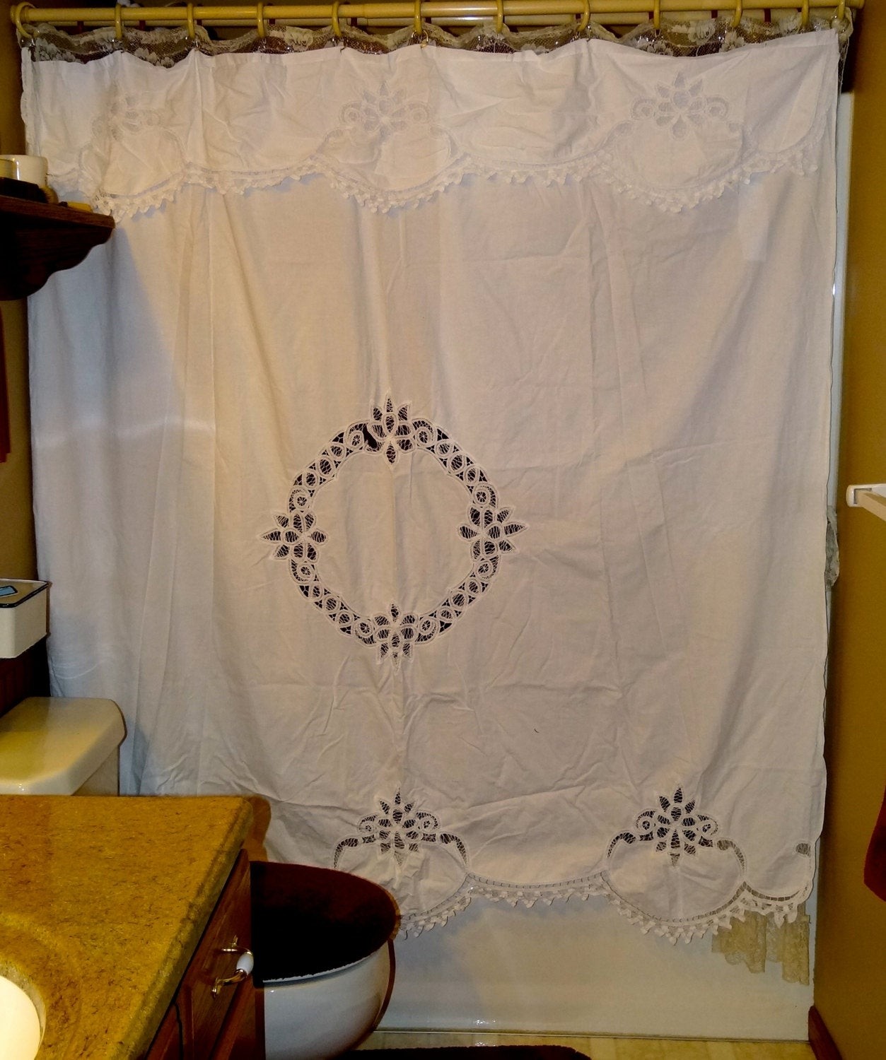 Vintage battenburg lace shower curtain with attached valance