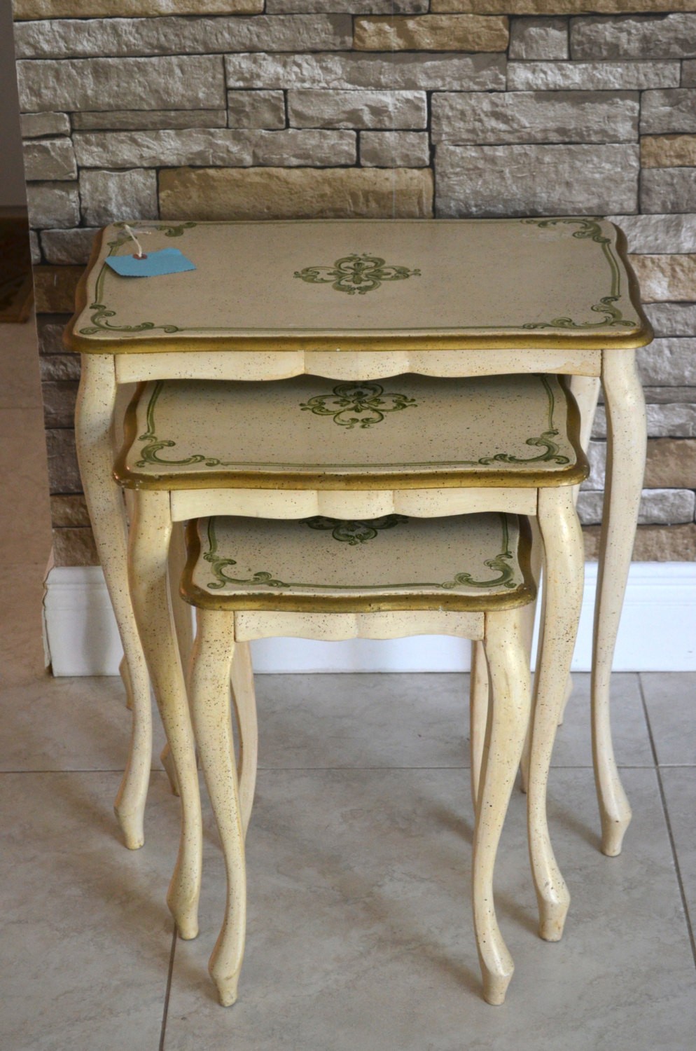Vintage italian antique white 3 nesting tables shabby chic