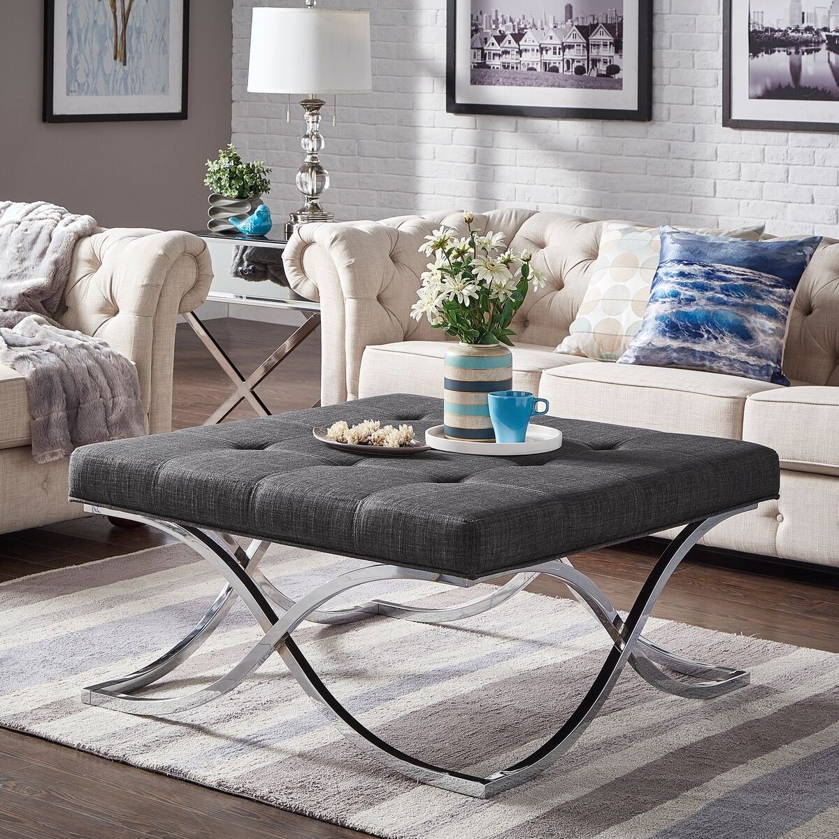 Weston home libby dimpled tufted cushion ottoman coffee 1