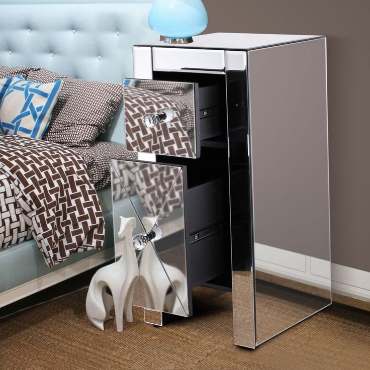 Wood and mirrored nightstand silver corner bedside table