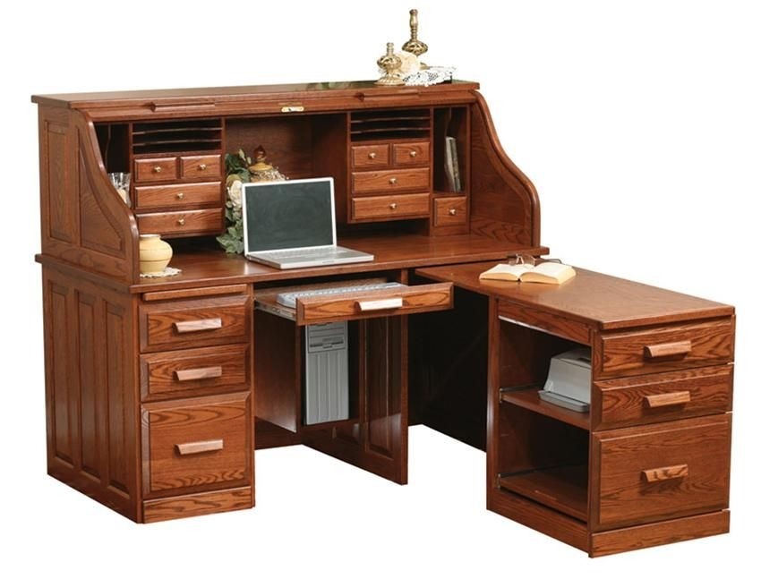 Amish computer roll top desk with pull out return desk