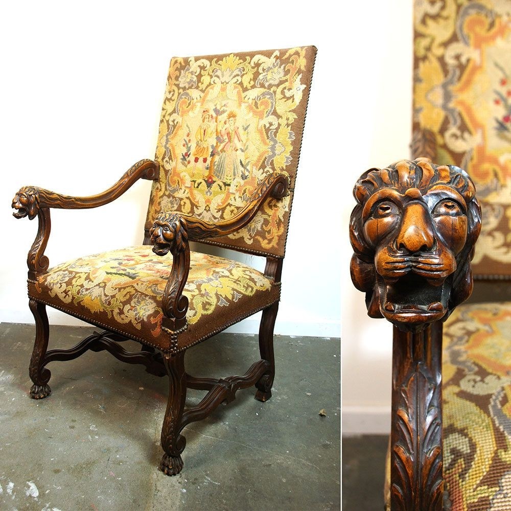 Antique carved lion head needlepoint throne carved 1