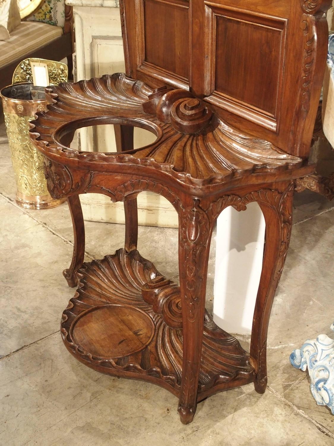Antique french walnut wood hall rack and umbrella stand